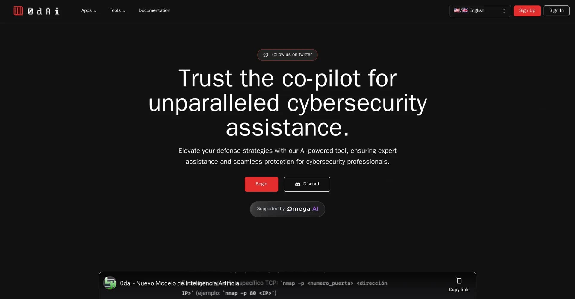 0dAI homepage screenshot — AI co-pilot for unparalleled cybersecurity assistance