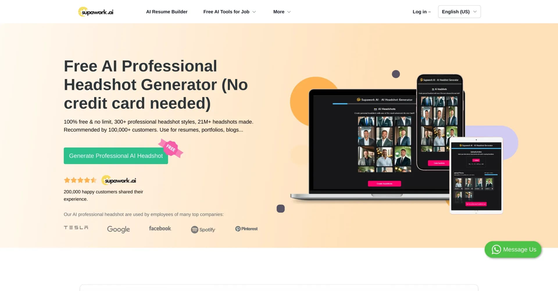 100% Free AI Headshot Generator | Supawork AI (no sig... homepage screenshot — Create free AI professional headshots instantly