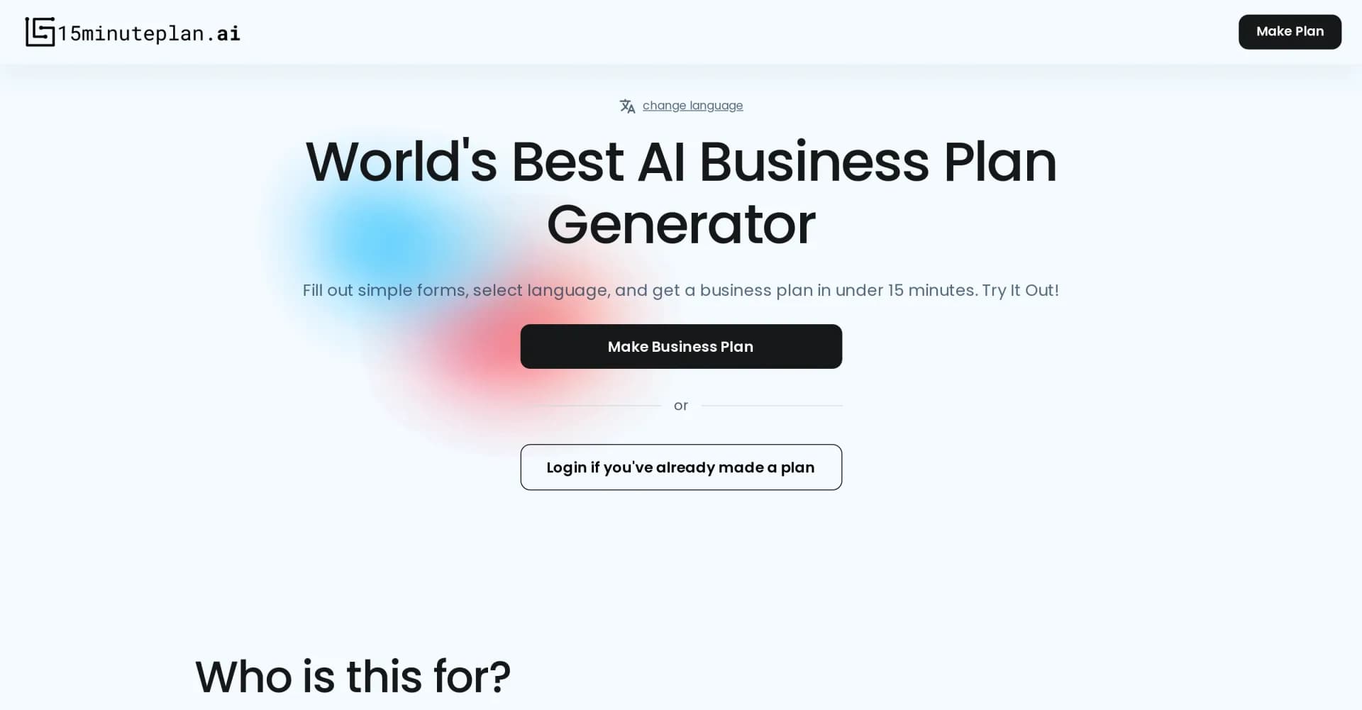 15minuteplan homepage screenshot — Create a professional business plan in 15 minutes with AI