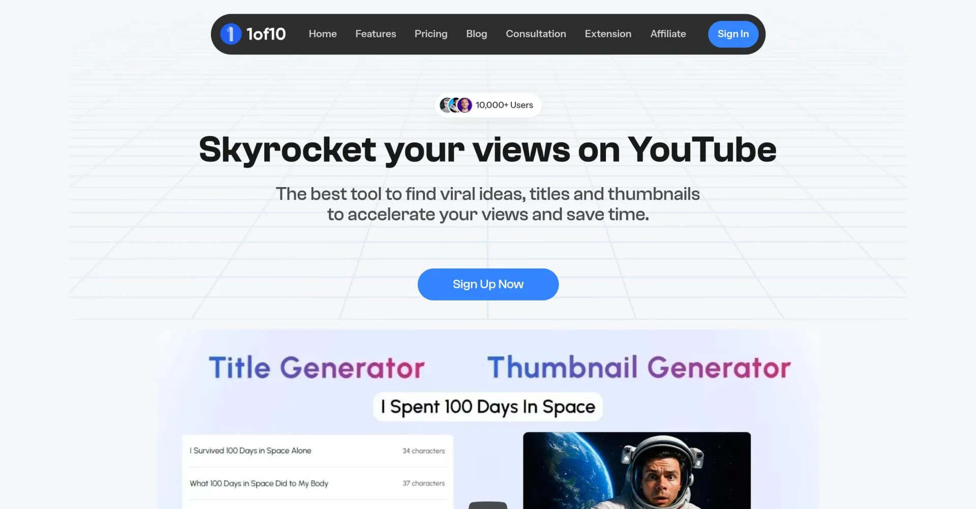 1of10 homepage screenshot — AI Tools for YouTubers