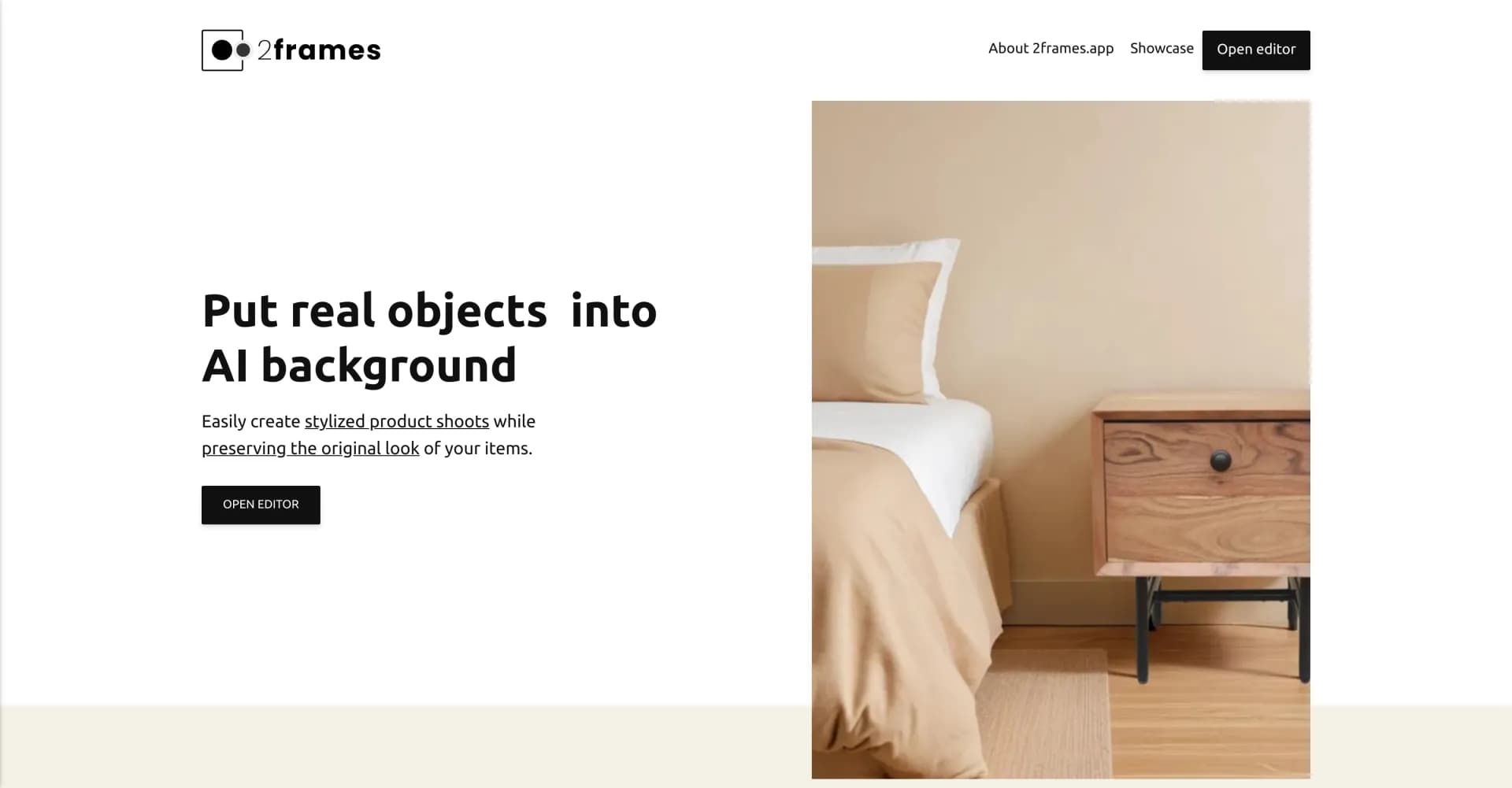 2frames.app homepage screenshot — Put real objects into AI backgrounds effortlessly.