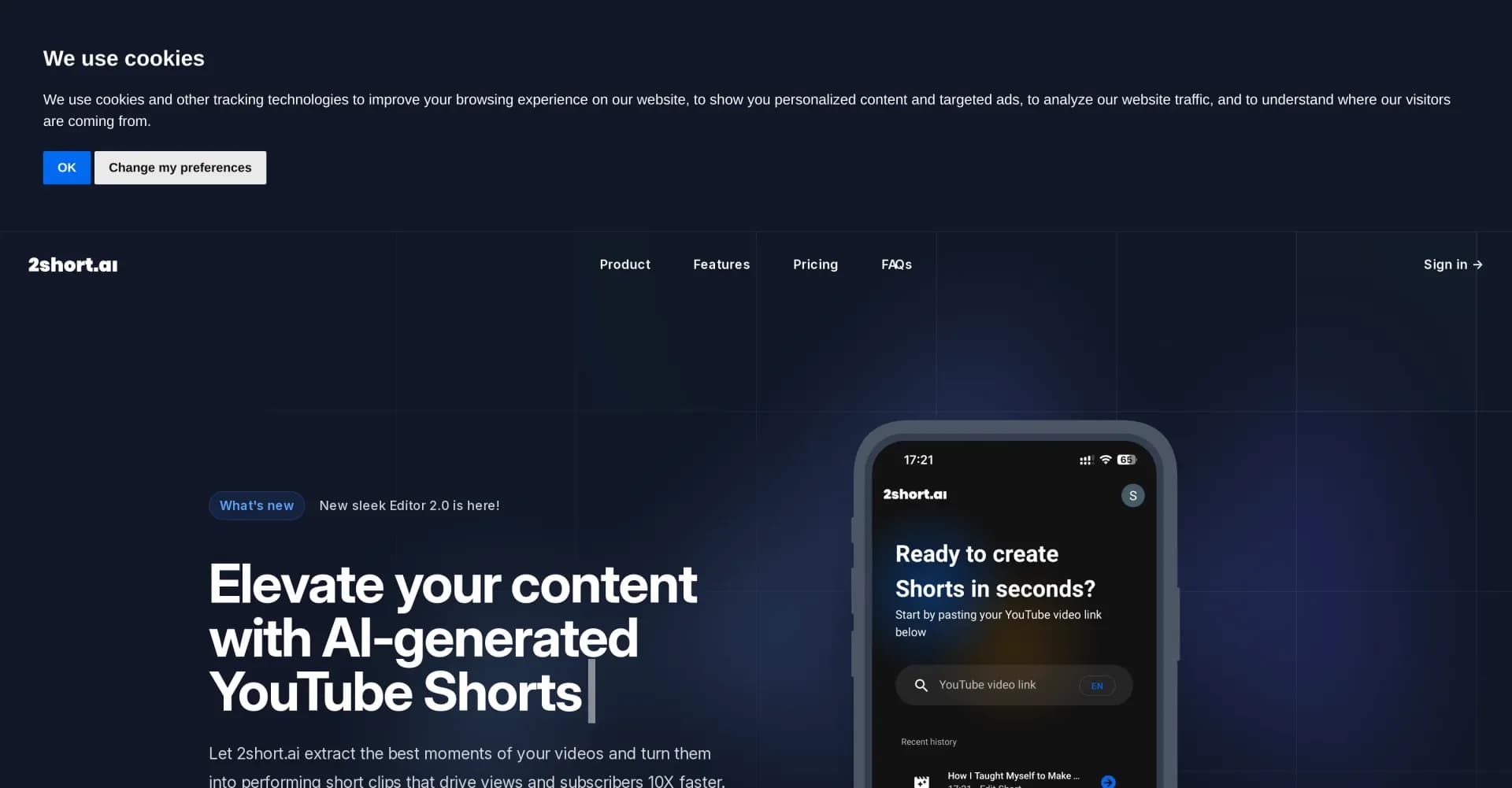 2short homepage screenshot — AI-powered YouTube Shorts generator for 10X faster growth.