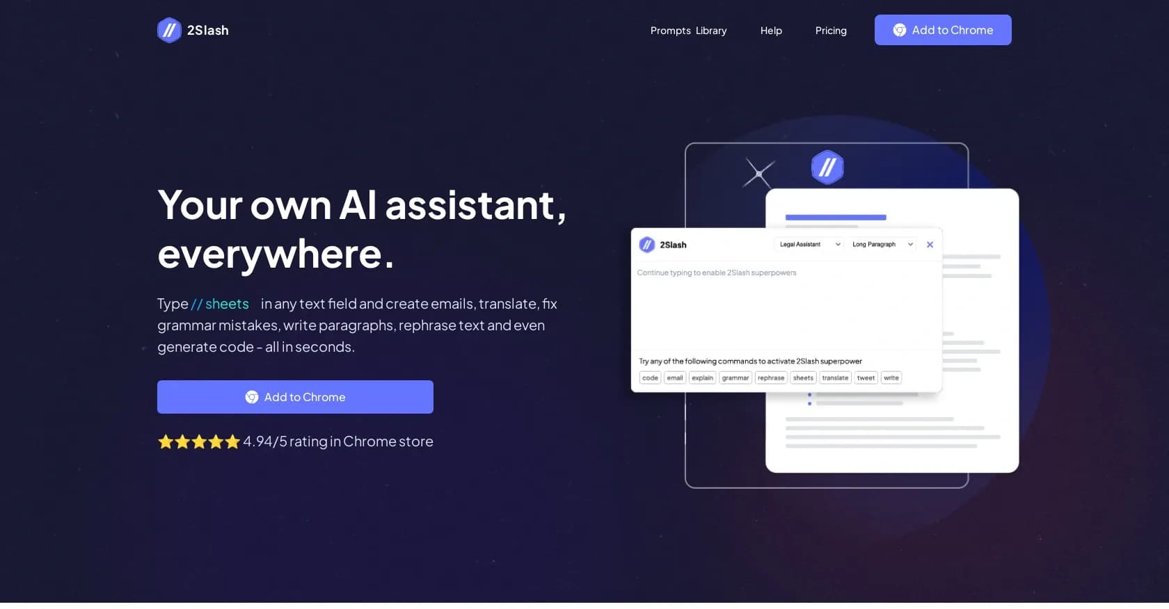 2Slash homepage screenshot — AI assistance in any text field, everywhere.