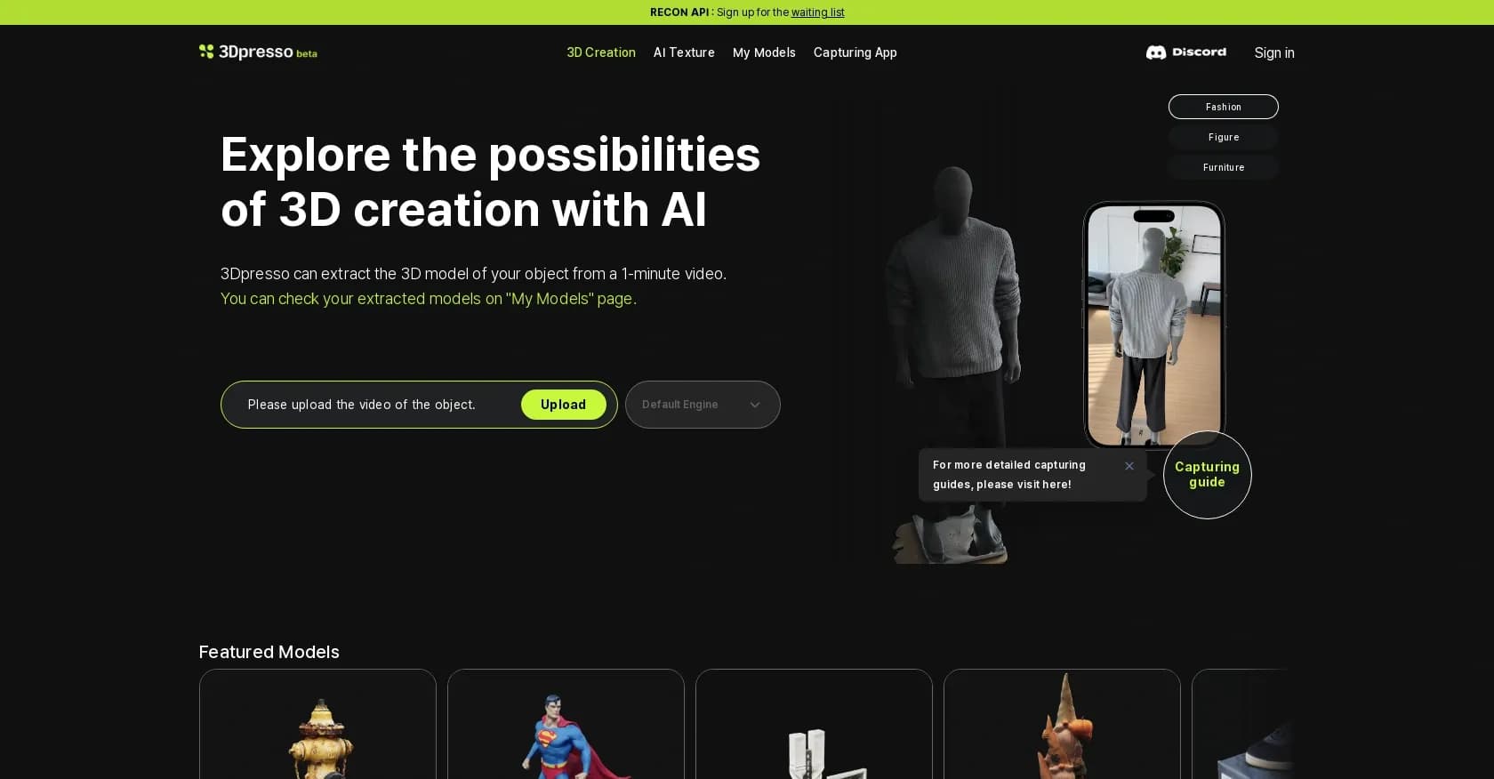 3DPresso homepage screenshot — Create 3D models from videos with AI