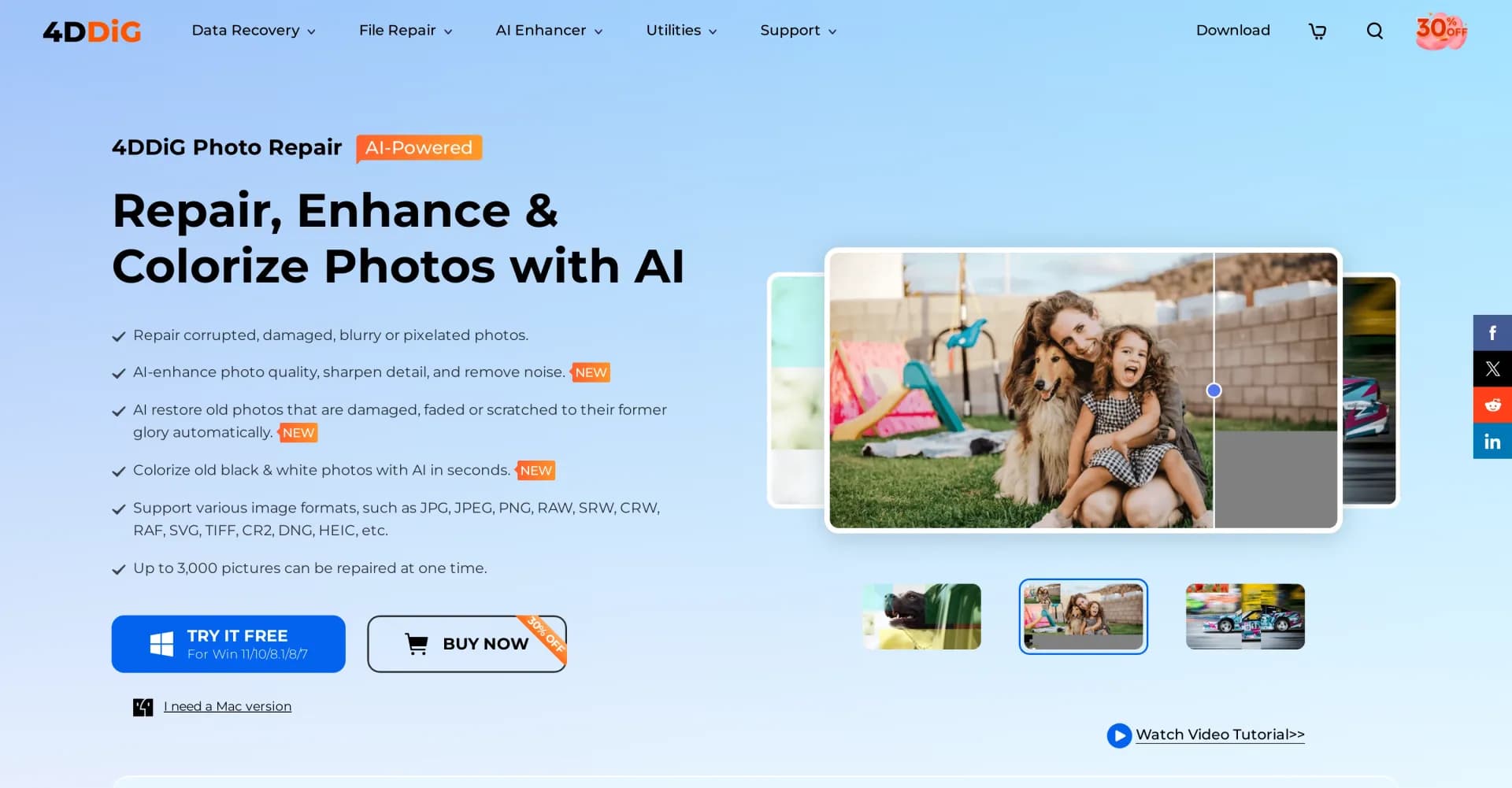 4DDiG homepage screenshot — AI-powered photo repair for any device or format