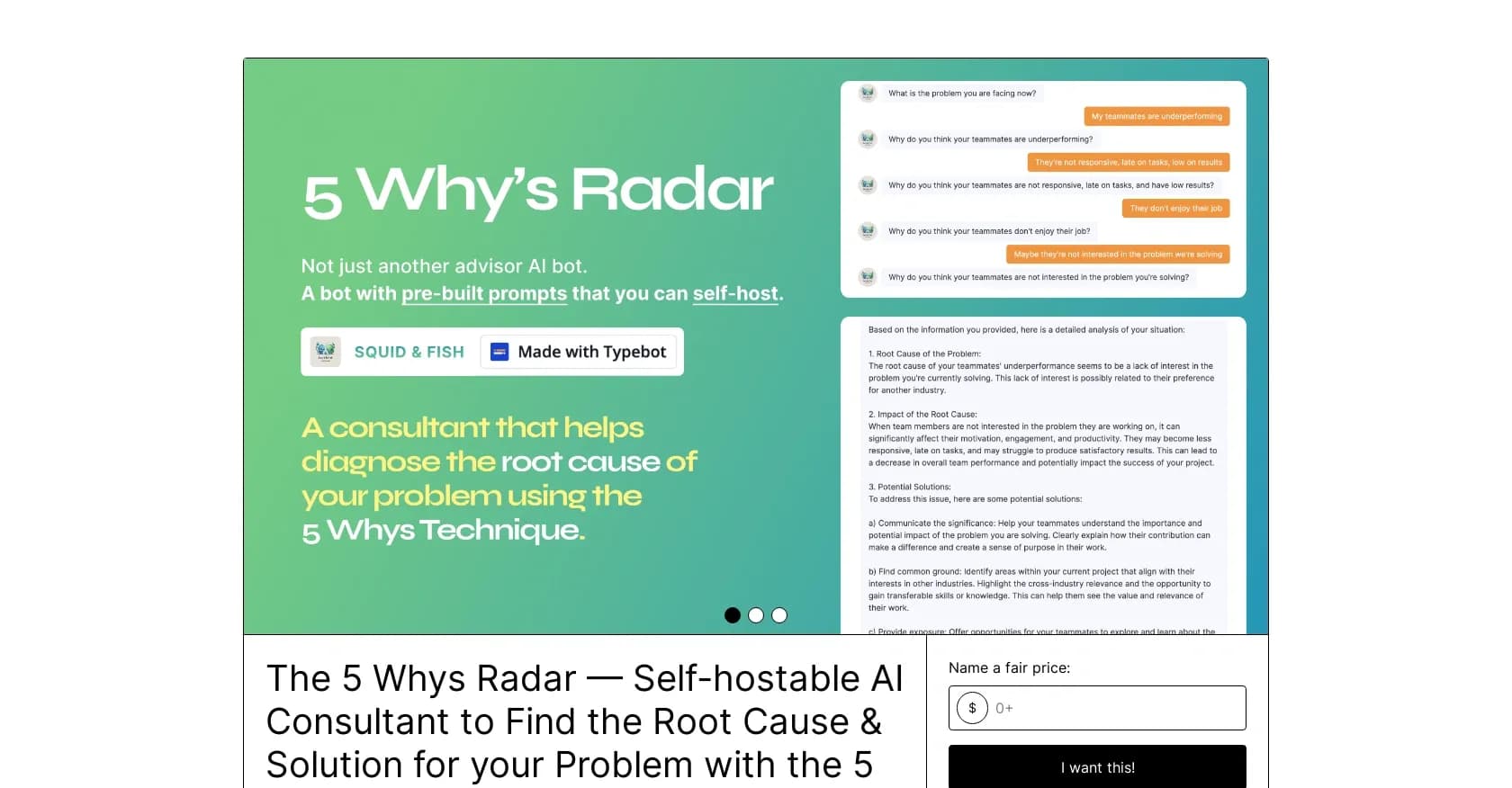 5 Whys Radar homepage screenshot — AI consultant uncovers root causes using 5 Whys Analysis.