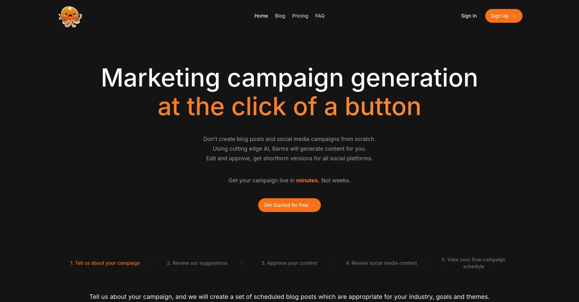 8arms.ai homepage screenshot — Generate marketing campaigns with AI in minutes