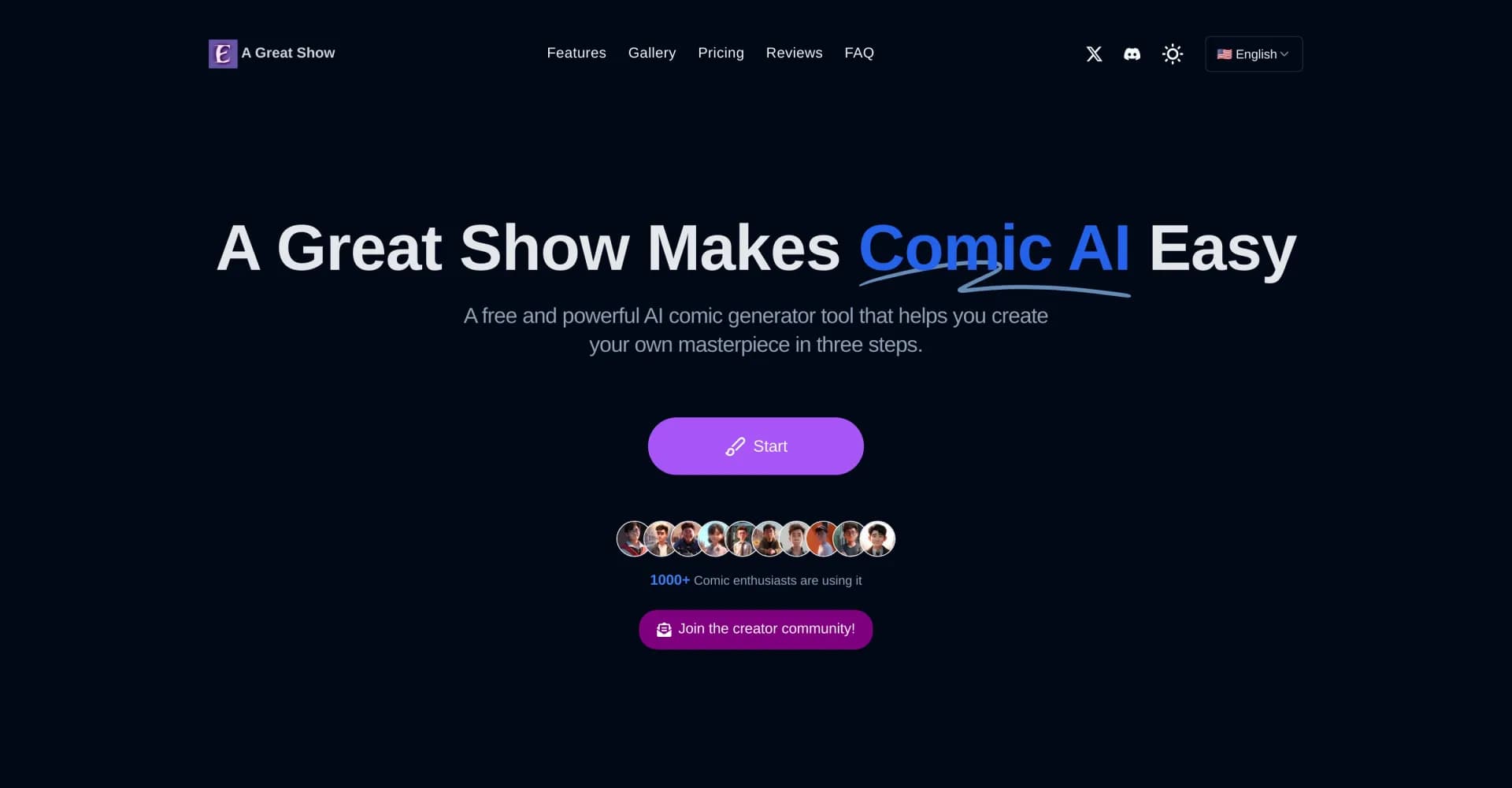 A Great Show homepage screenshot — Create high-quality comics easily with AI