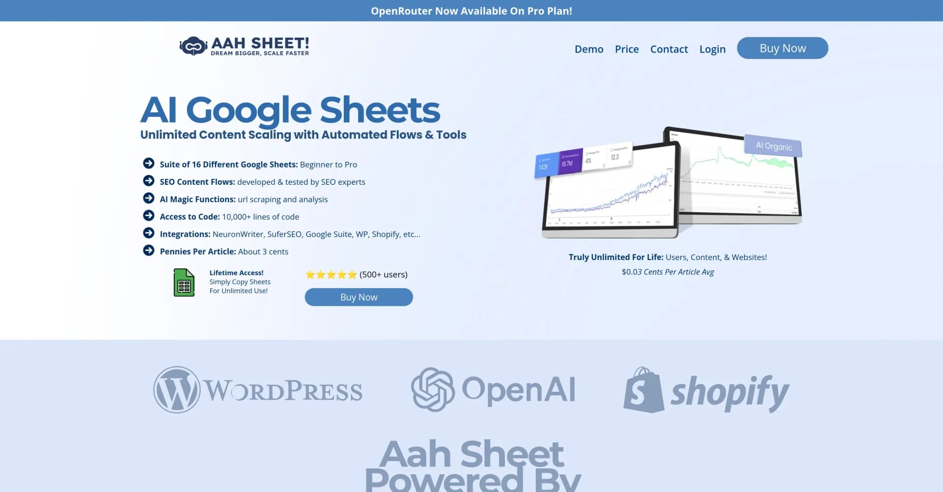 Aah Sheet homepage screenshot — Scale content with AI-powered Google Sheets.