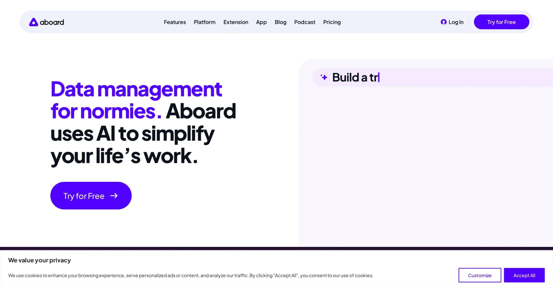 Aboard homepage screenshot — AI-powered data management to simplify your digital life.