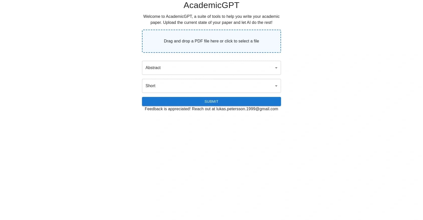 AcademicGPT homepage screenshot — AI-powered academic writing assistant.