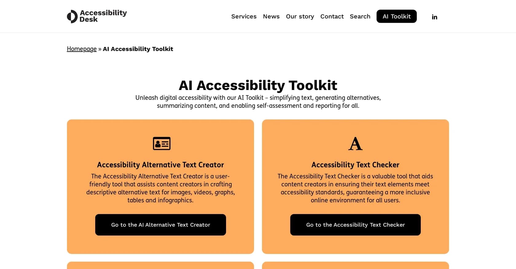 Accessibility Desk homepage screenshot — Unleash digital accessibility with AI tools