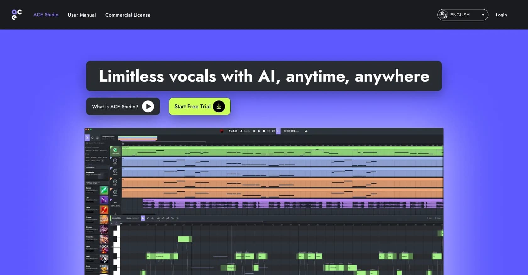 ACEStudio homepage screenshot — Create limitless AI vocals, anytime, anywhere