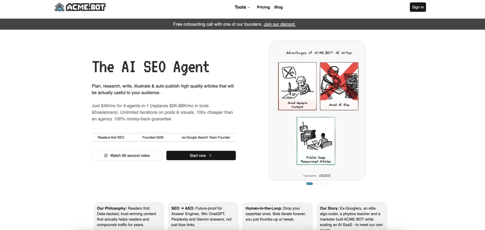 ACME.BOT - AI SEO Writer + AI Diagram Generator homepage screenshot — AI-powered SEO agent for high-quality content creation