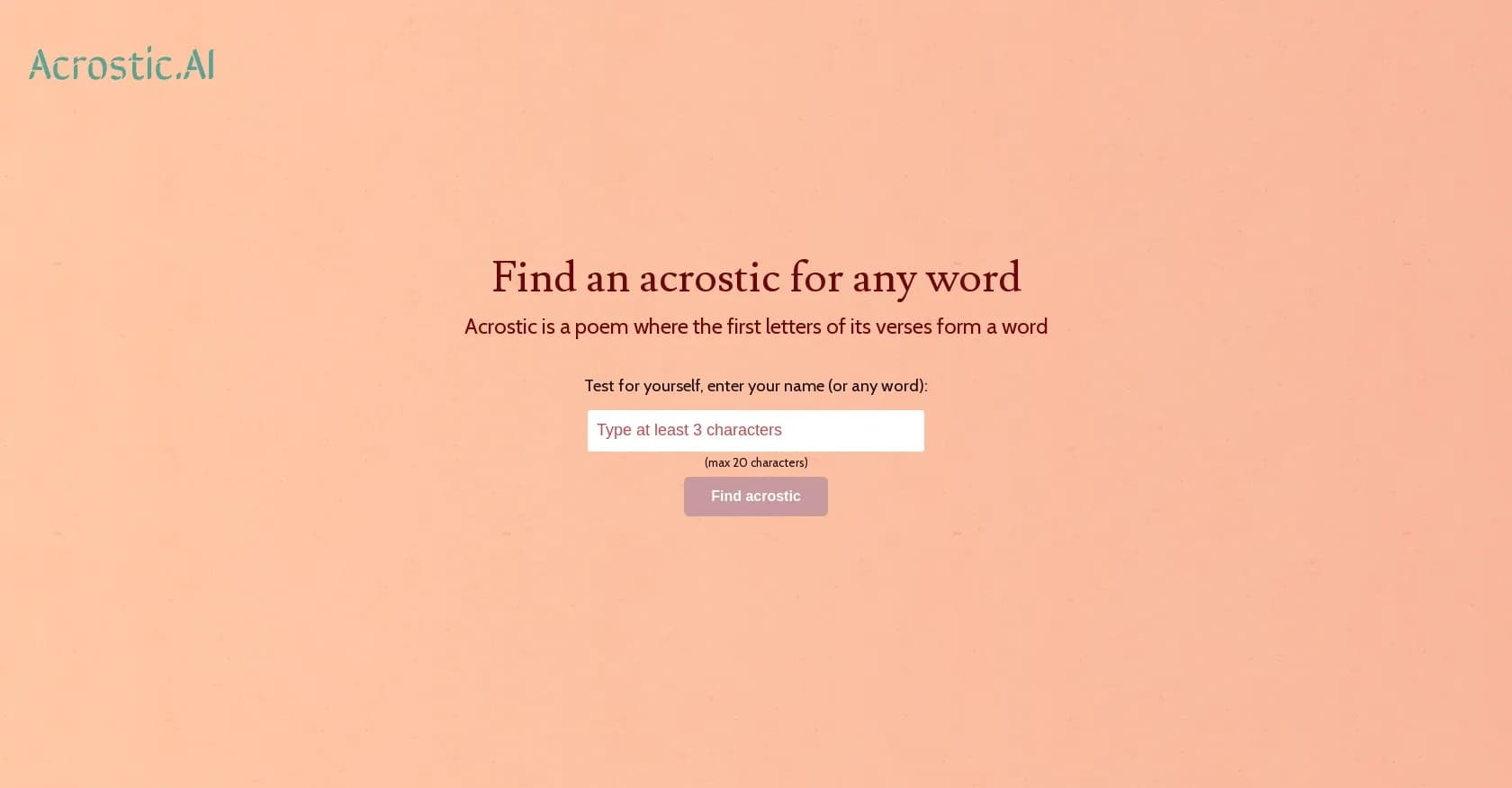 Acrostic AI homepage screenshot — Create clever acrostics instantly for any word.