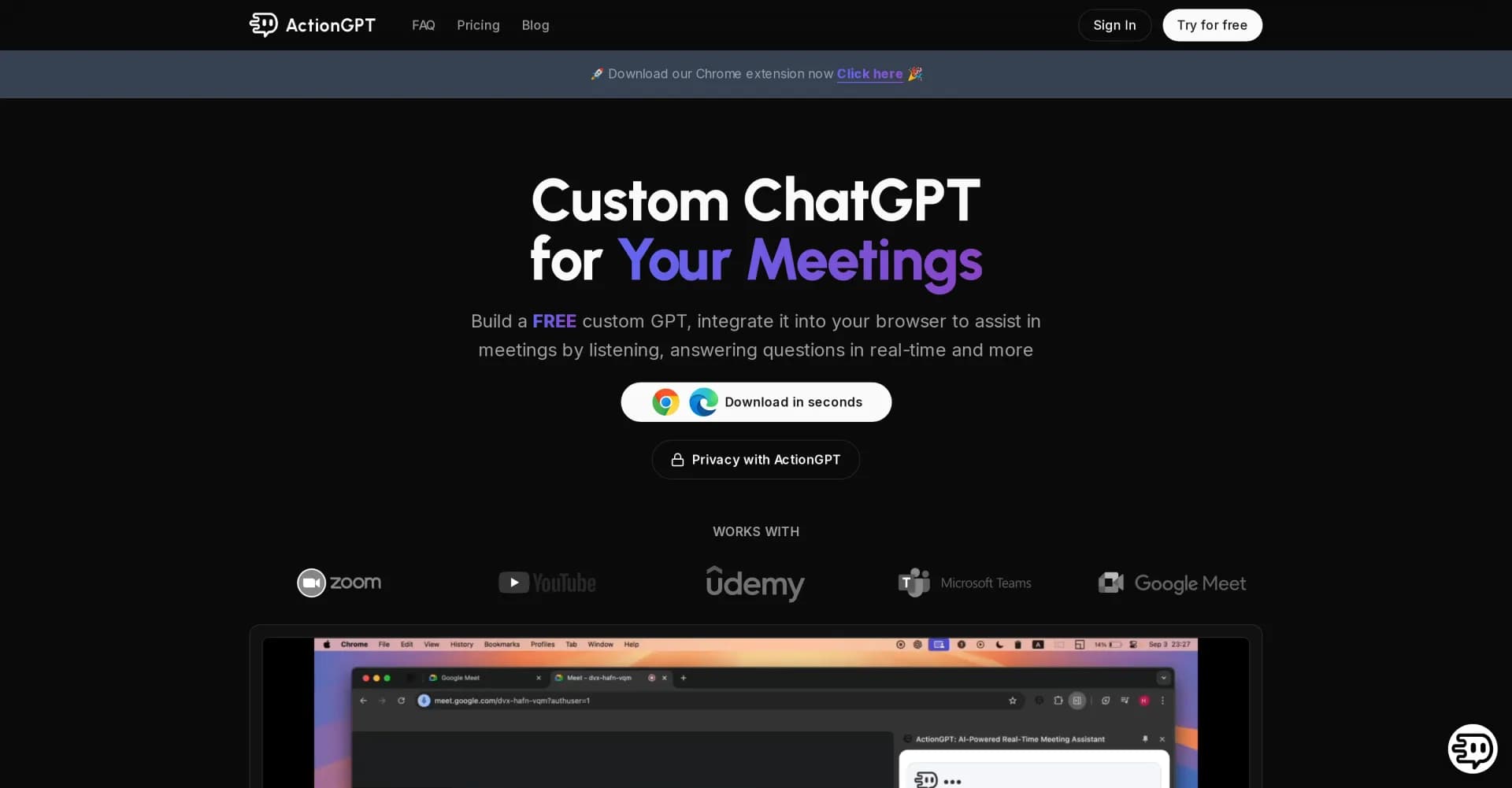 ActionGPT homepage screenshot — AI assistant for real-time meeting support