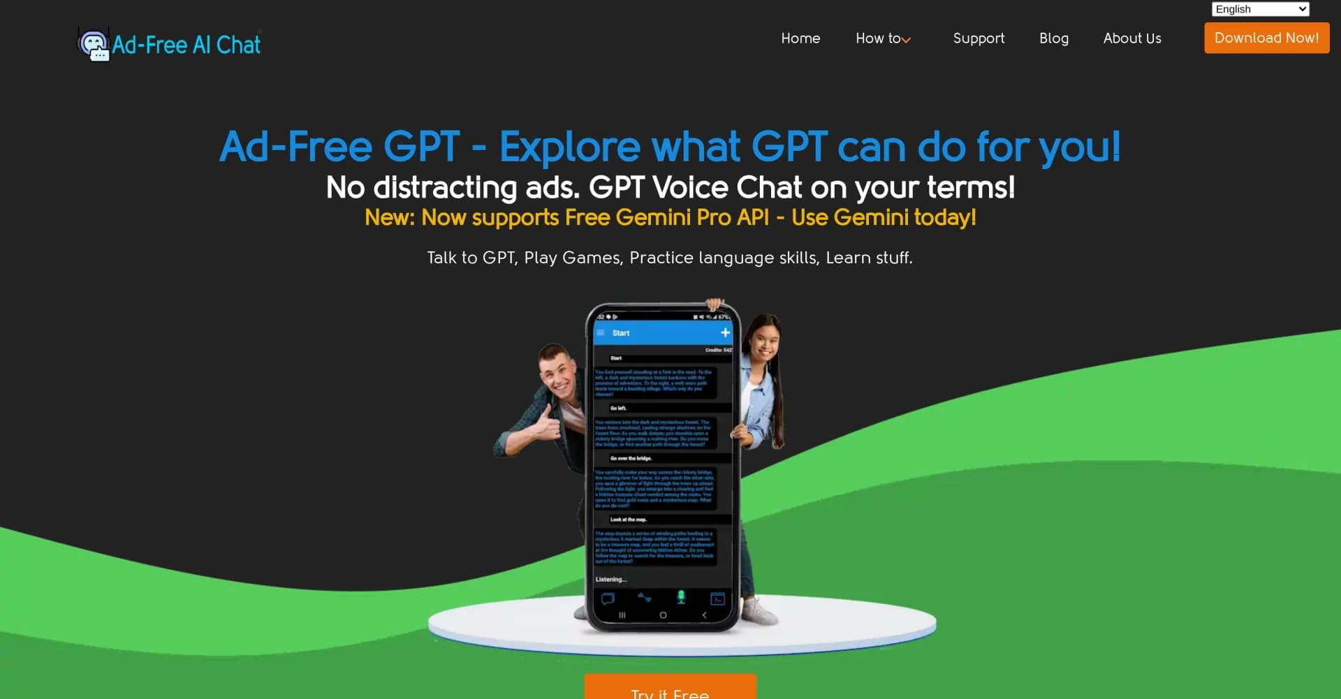 Ad-Free AI Chat homepage screenshot — Ad-free AI chat with GPT and Gemini for Android