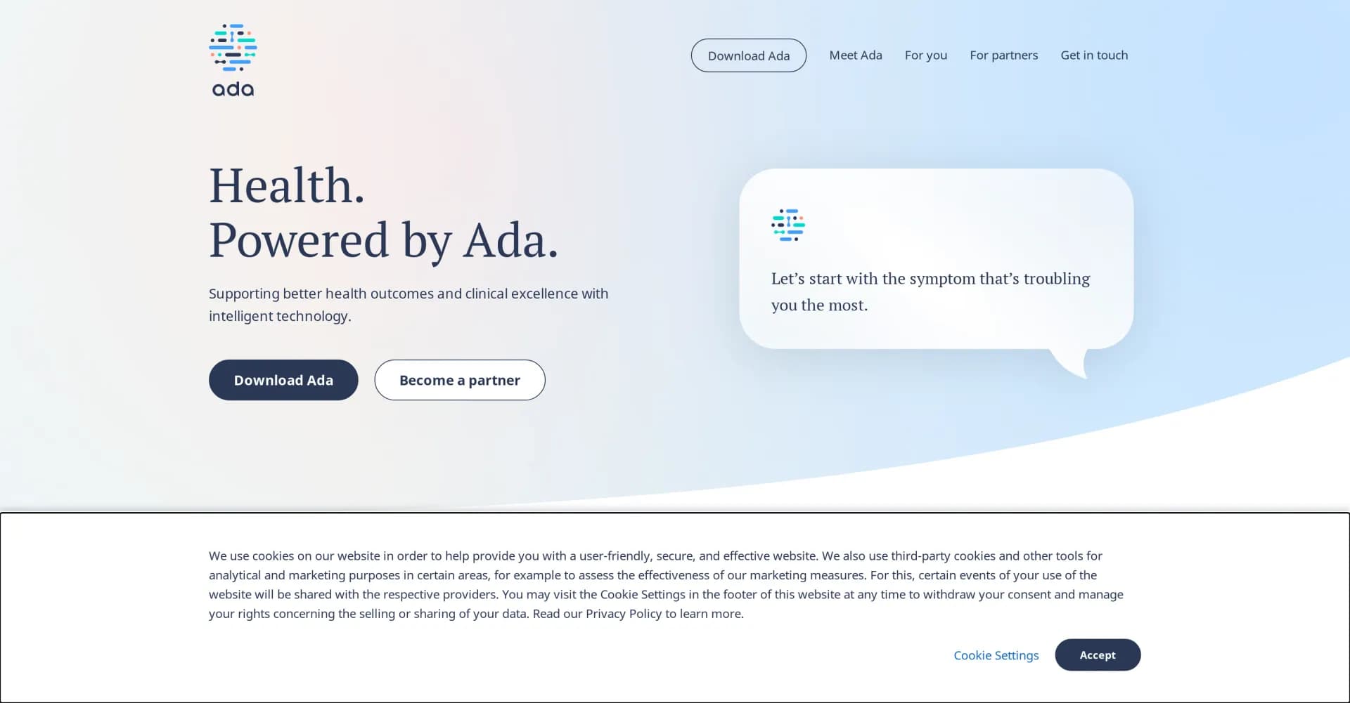Ada Health homepage screenshot — AI-powered health management for individuals and enterprises