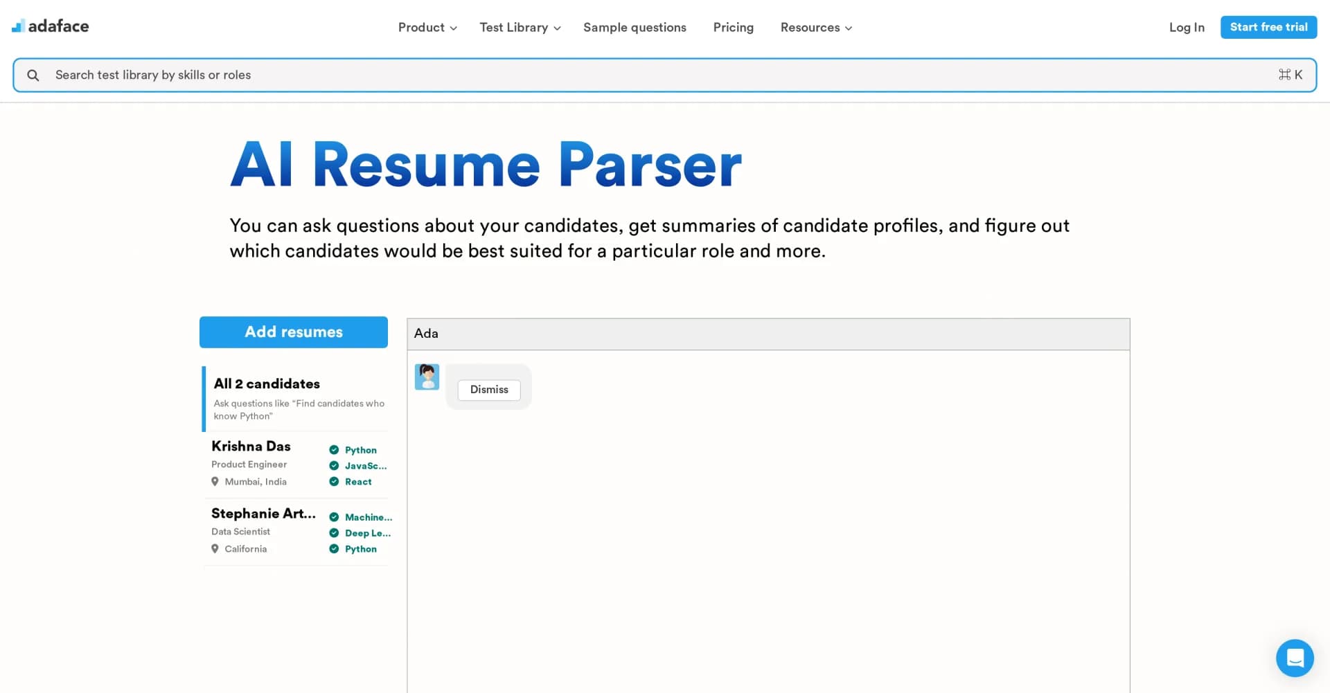 Adaface homepage screenshot — AI-powered resume parsing and candidate insights