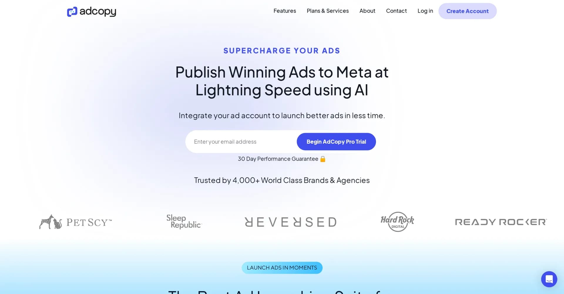 AdCopy homepage screenshot — Supercharge your Meta ads with AI-powered optimization.