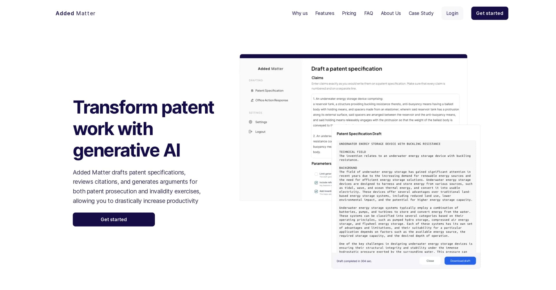 Added Matter homepage screenshot — Transform patent work with generative AI.