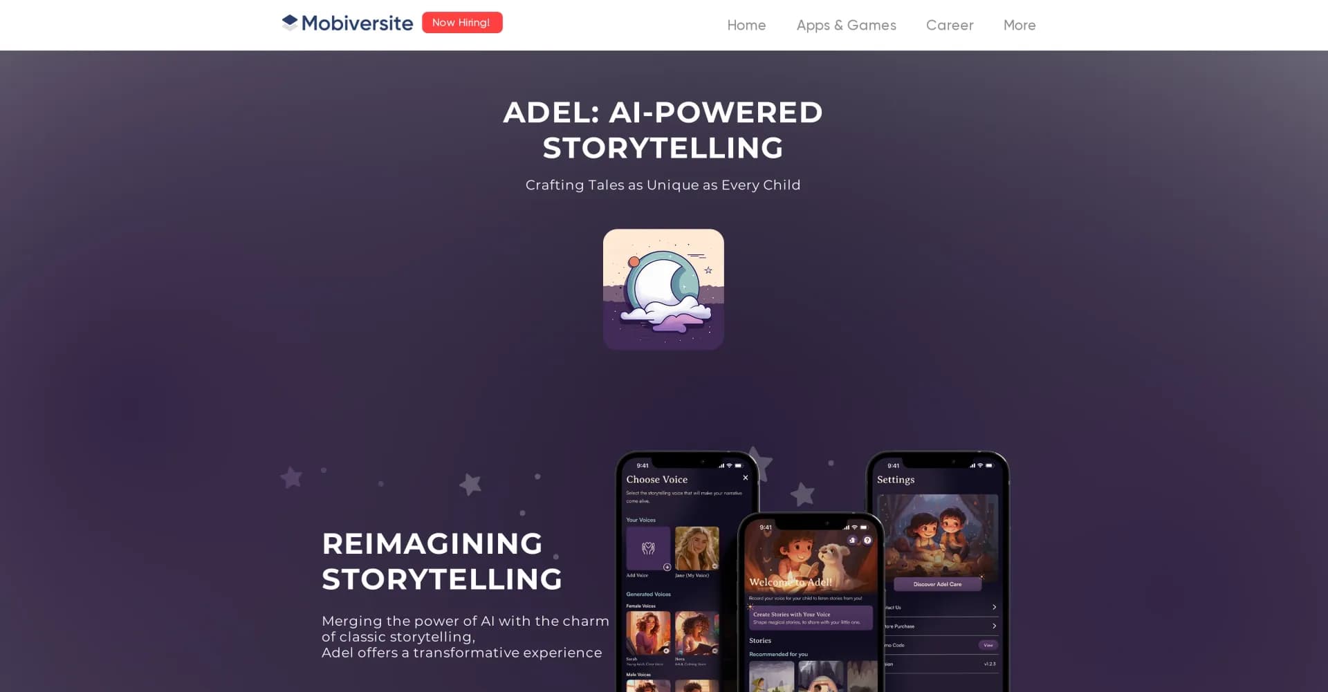 Adel homepage screenshot — AI-powered storytelling for personalized bedtime adventures