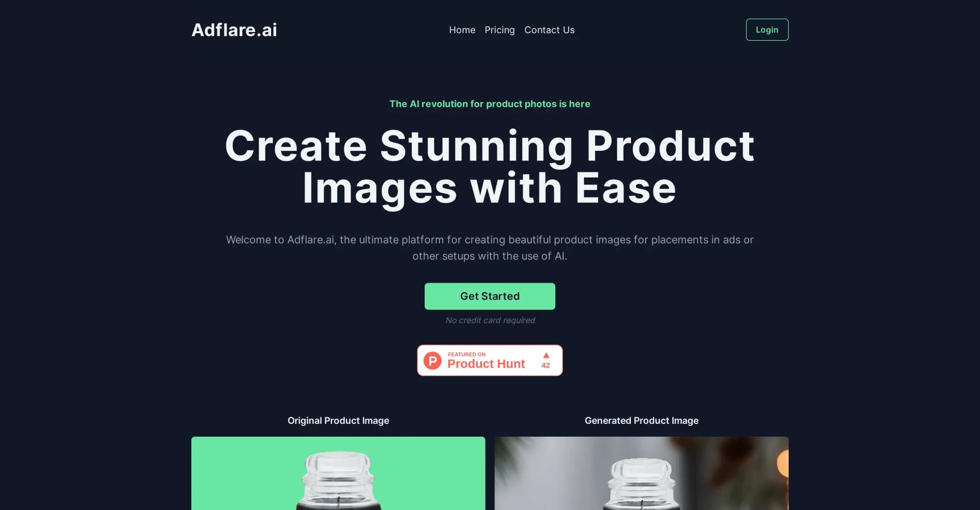 Adflare.ai homepage screenshot — AI-powered product image generation for stunning ads
