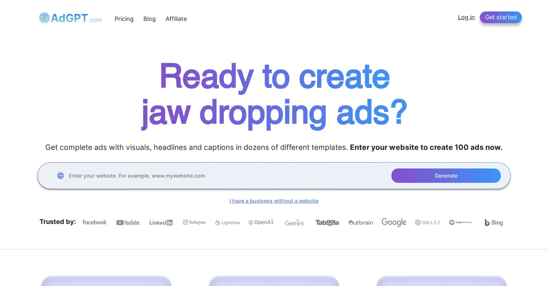 AdGPT homepage screenshot — Create jaw-dropping ads instantly.