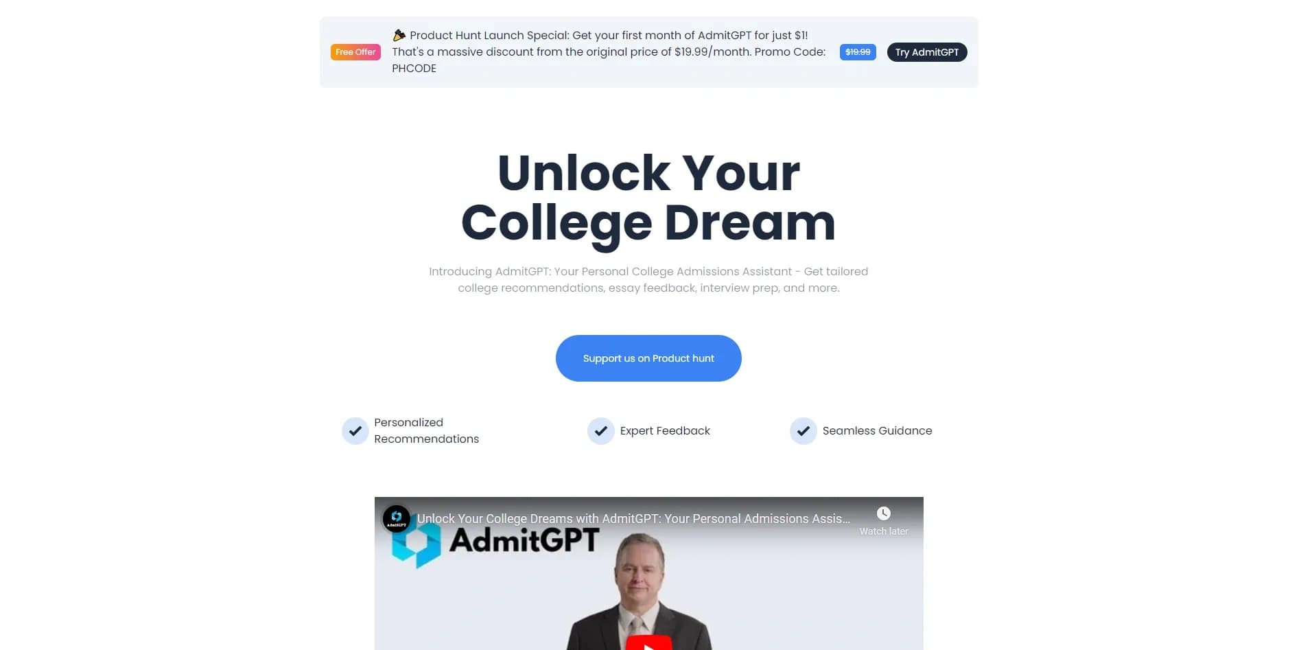 AdmitGPT homepage screenshot — AI-powered assistant for college applications