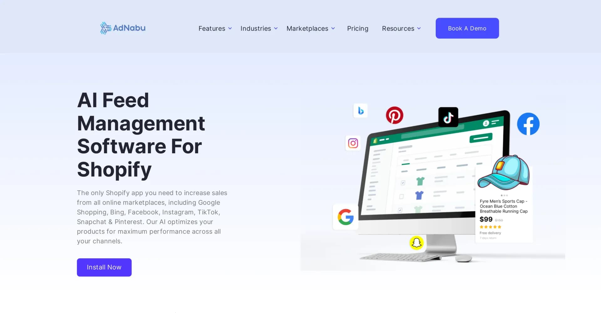AdNabu homepage screenshot — Optimize and manage product feeds for Shopify.