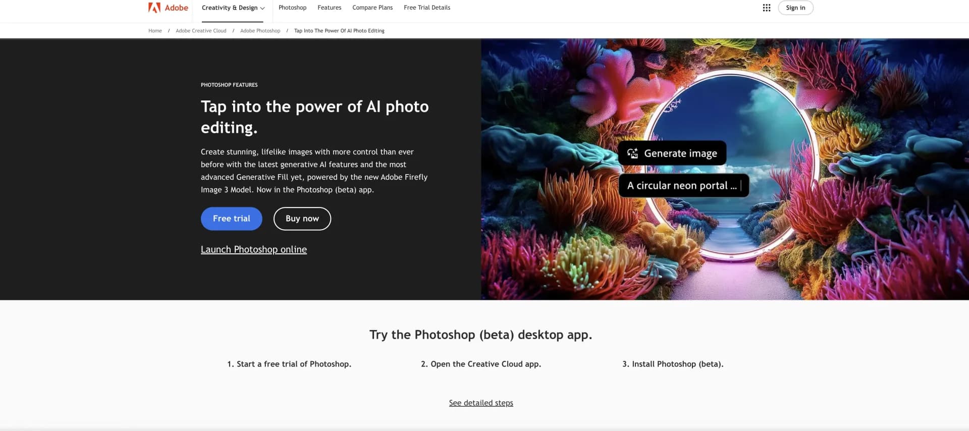 Adobe Photoshop AI homepage screenshot — Unleash AI-powered photo editing magic