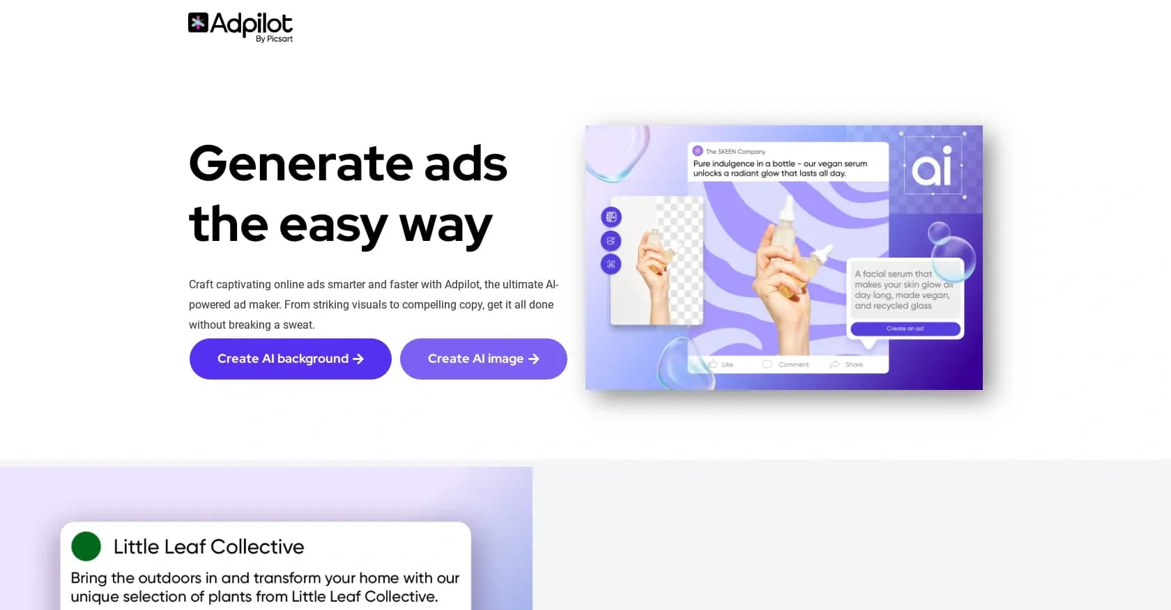 Adpilot homepage screenshot — Craft captivating AI-powered ads in one seamless package.