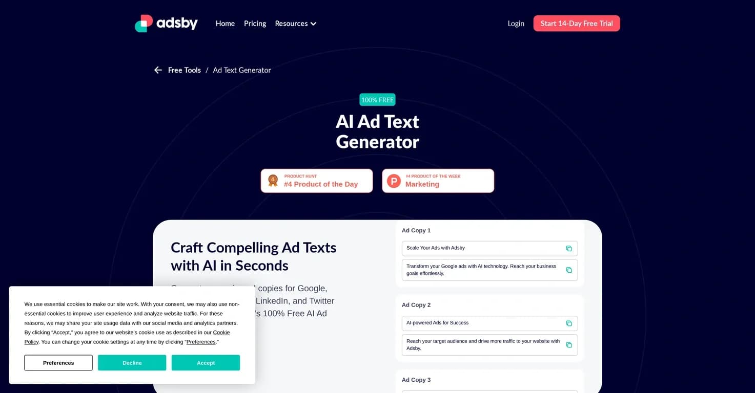 Adsby's Free AI Ad Text Generator homepage screenshot — Create compelling ad copy effortlessly with AI