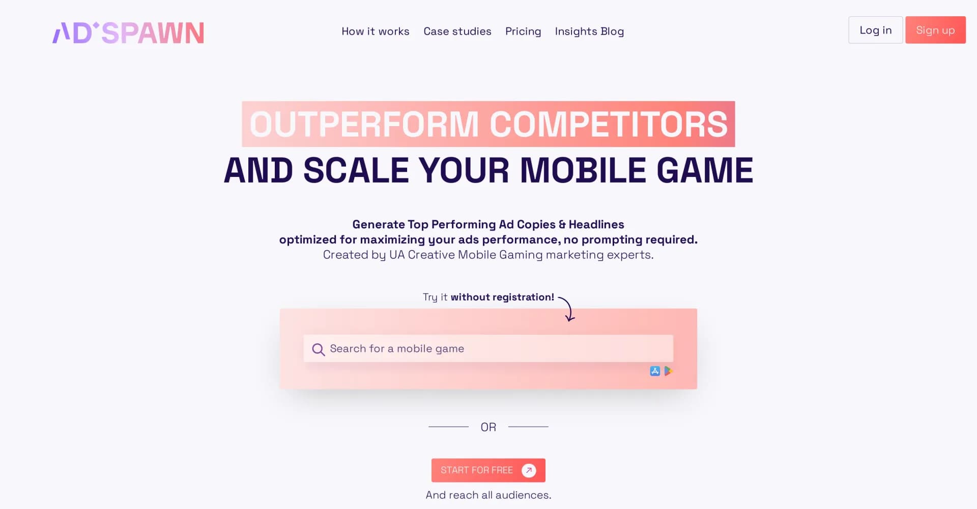 AdSpawn homepage screenshot — AI-powered ad copy for mobile games