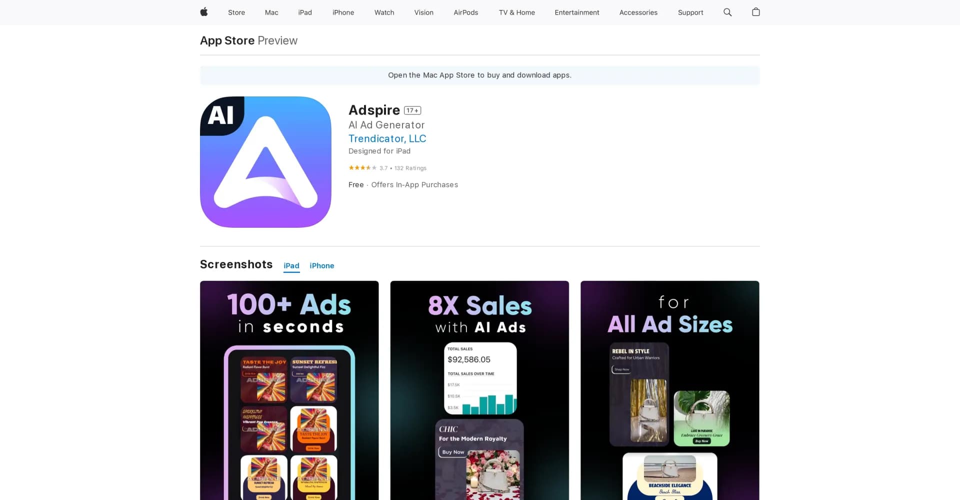 Adspire homepage screenshot — Generate 100+ winning ad creatives in seconds with ADSPIRE®.