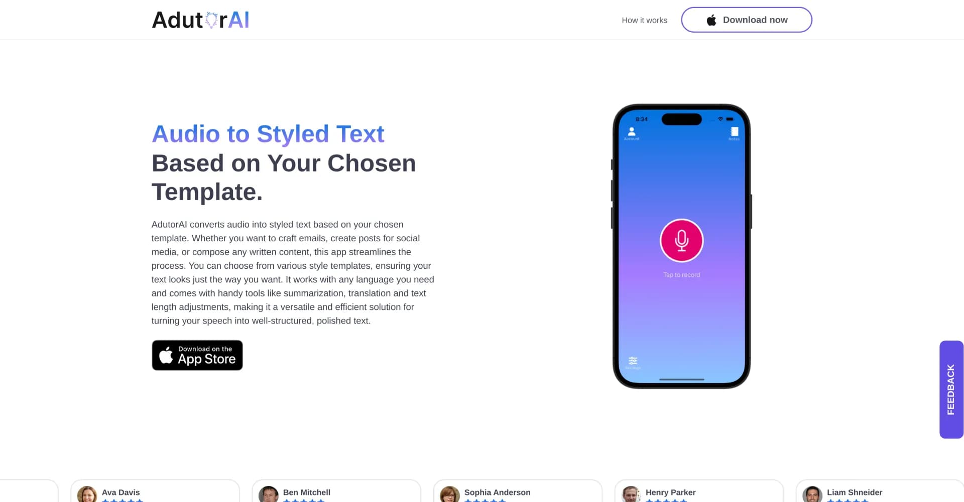 AdutorAI homepage screenshot — Convert audio to stylized text with templates.