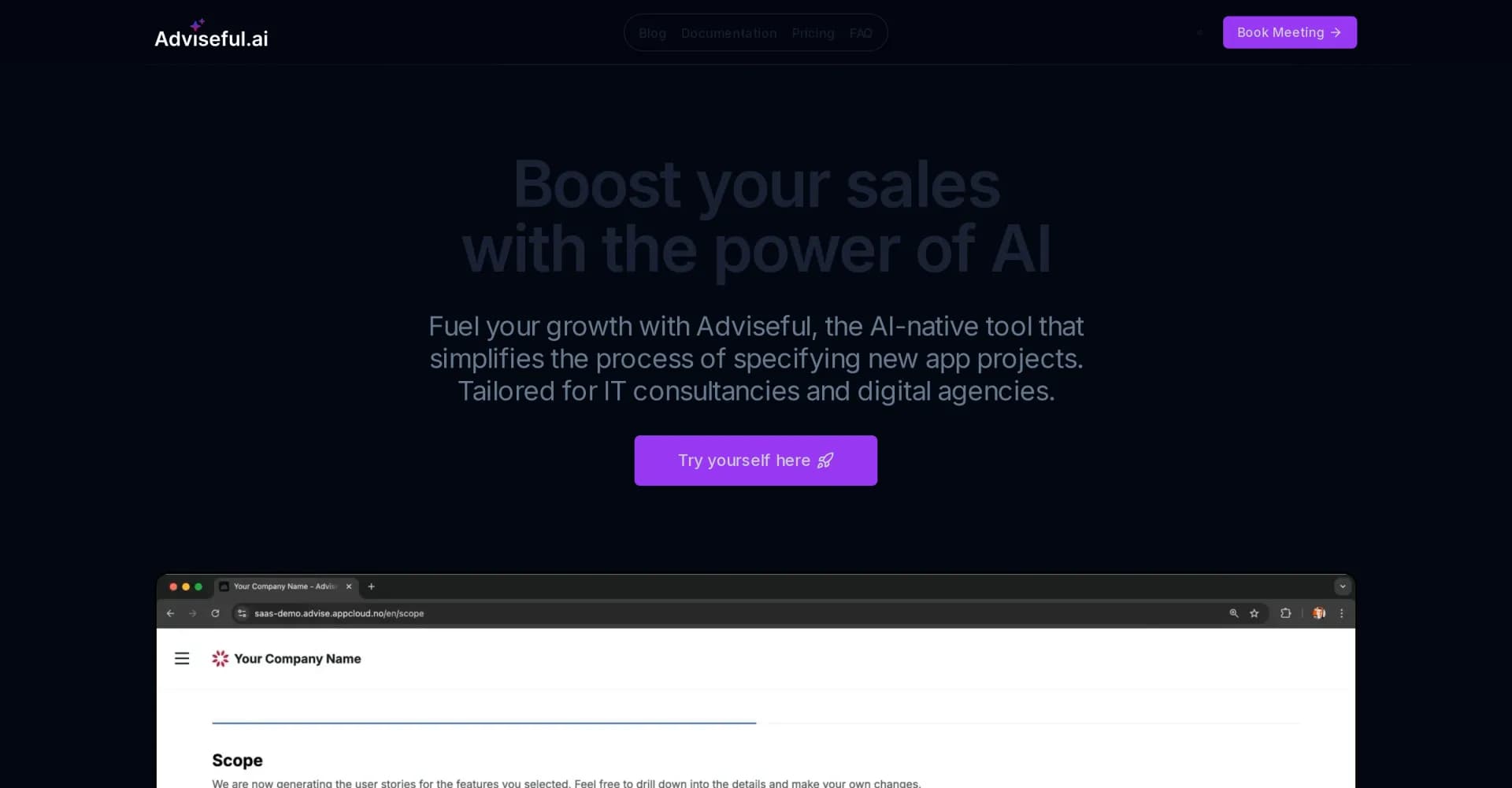 Adviseful.ai homepage screenshot — Accelerate app planning from weeks to minutes with AI.