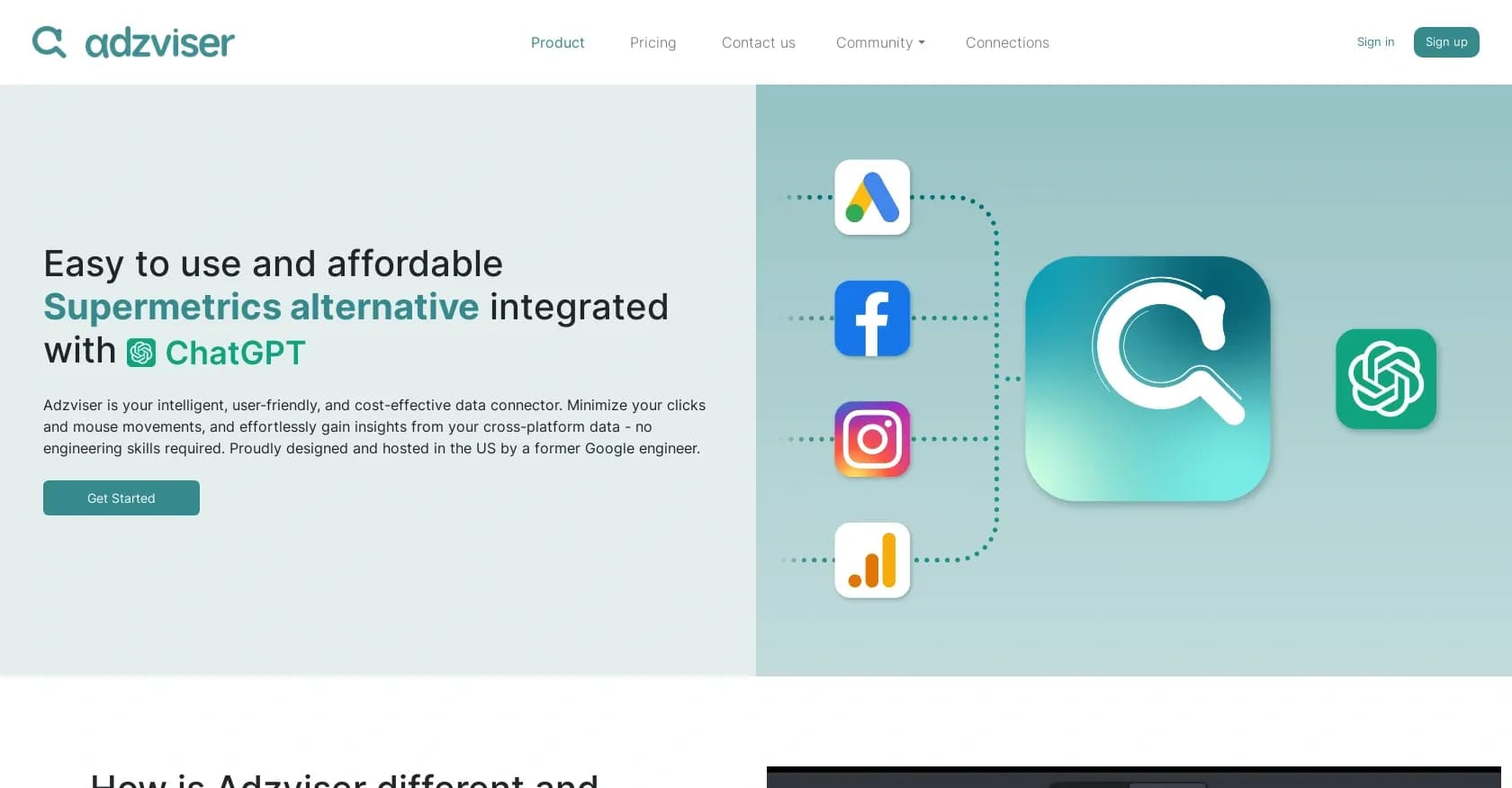 Adzviser homepage screenshot — Effortless insights from cross-platform marketing data.