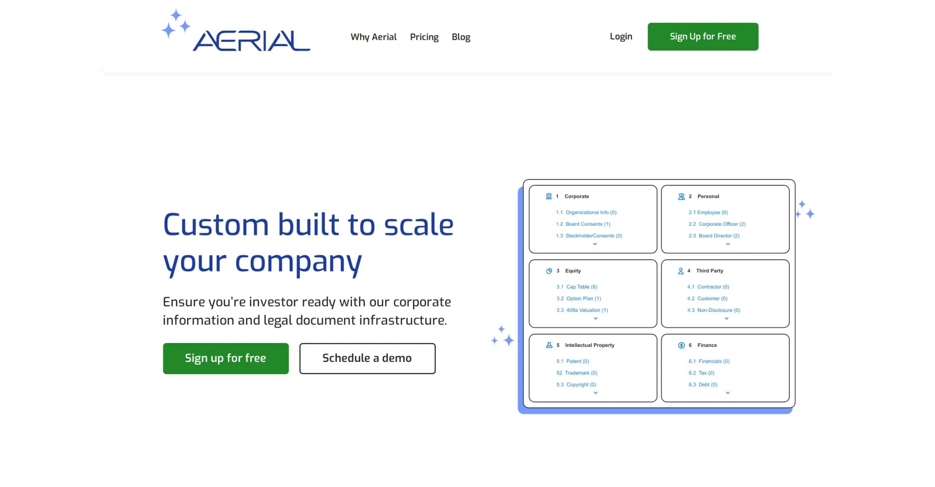 Aerial homepage screenshot — AI-powered legal document management for startups