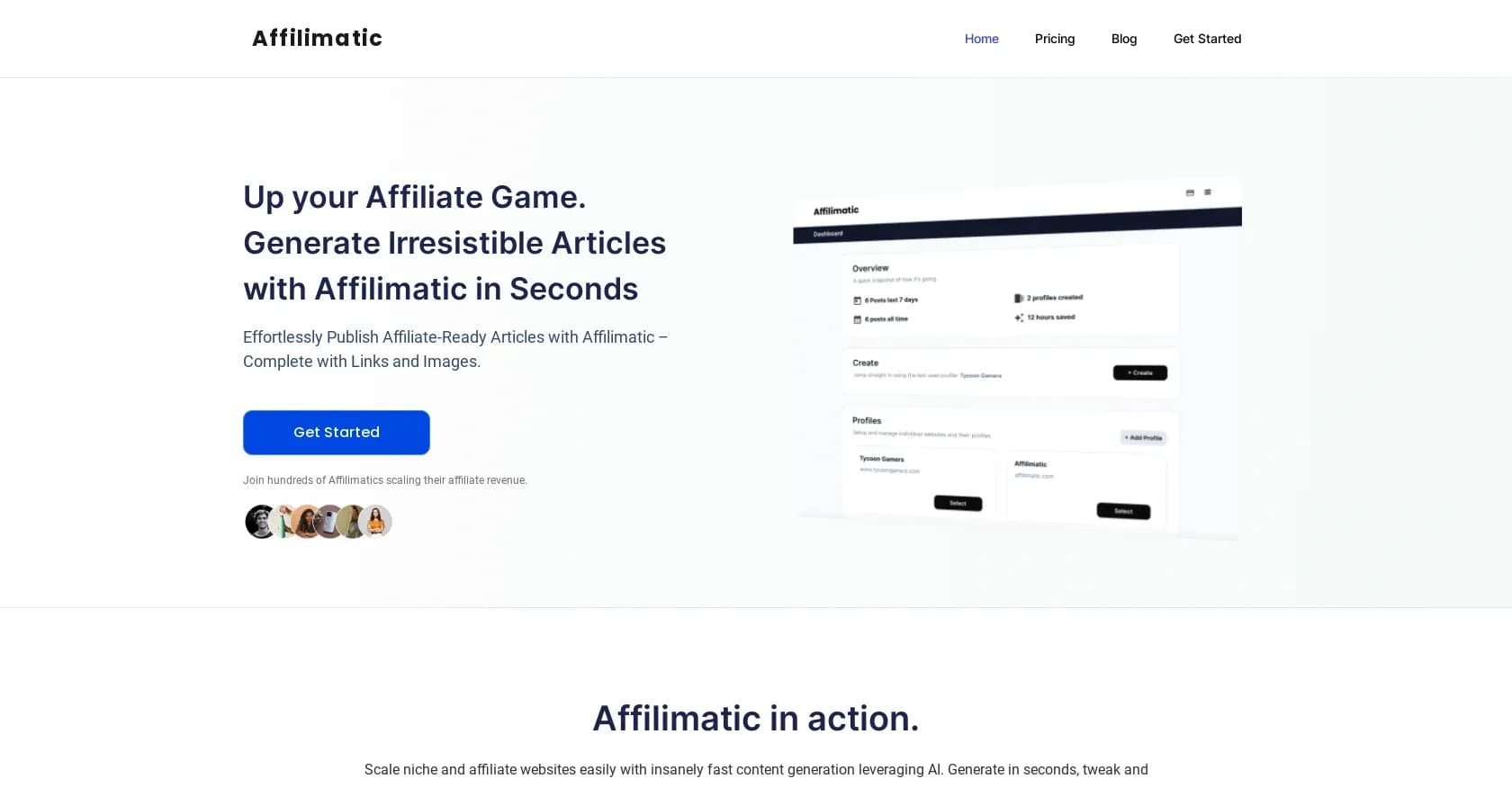 Affilimatic homepage screenshot — Generate irresistible affiliate articles in seconds.