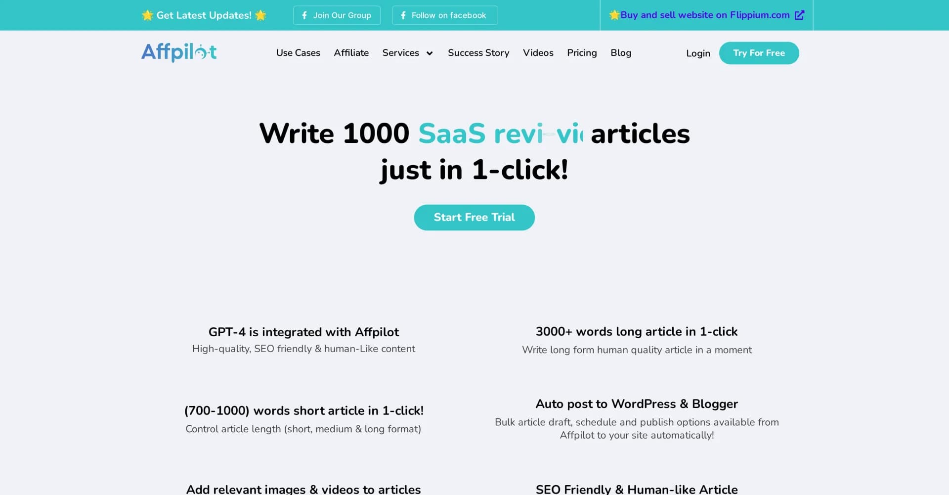Affpilot homepage screenshot — Create high-quality, SEO-friendly AI content.