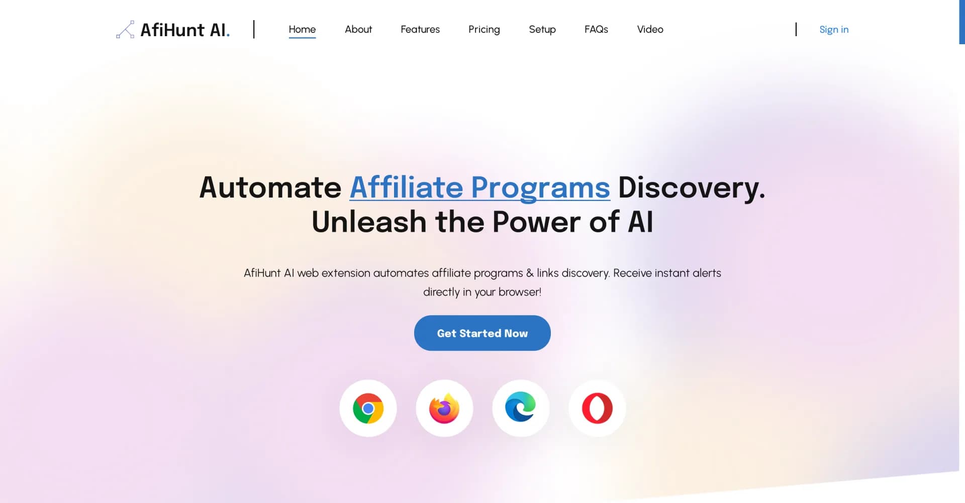 AfiHunt AI homepage screenshot — Automate affiliate link discovery with AI