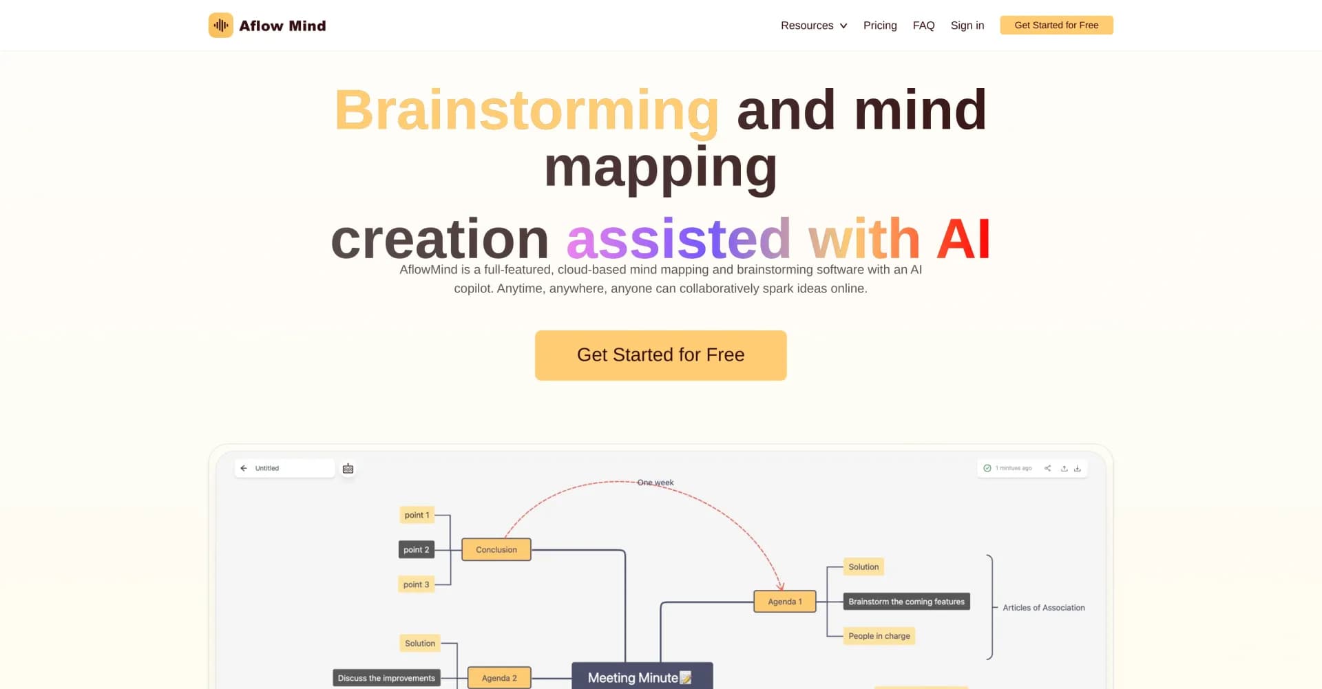 AflowMind homepage screenshot — AI-powered mind mapping for effortless creativity