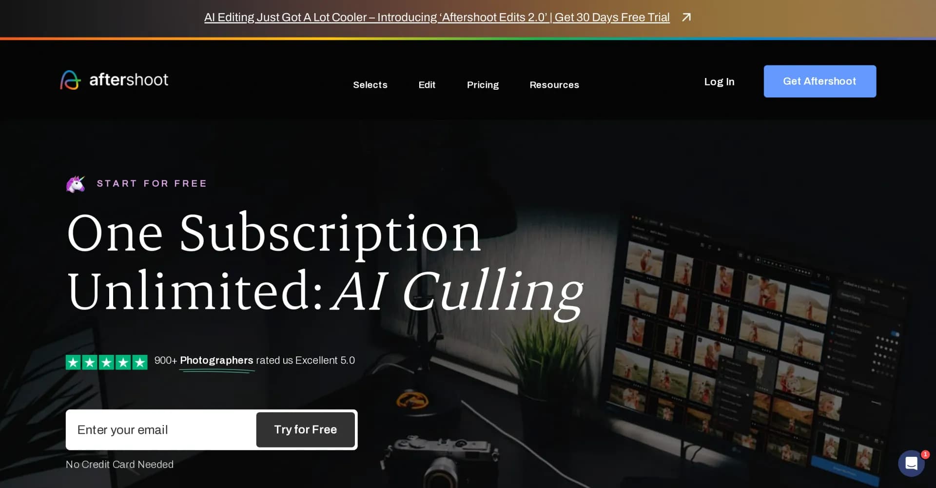 AfterShoot homepage screenshot — AI-powered culling and editing for photographers