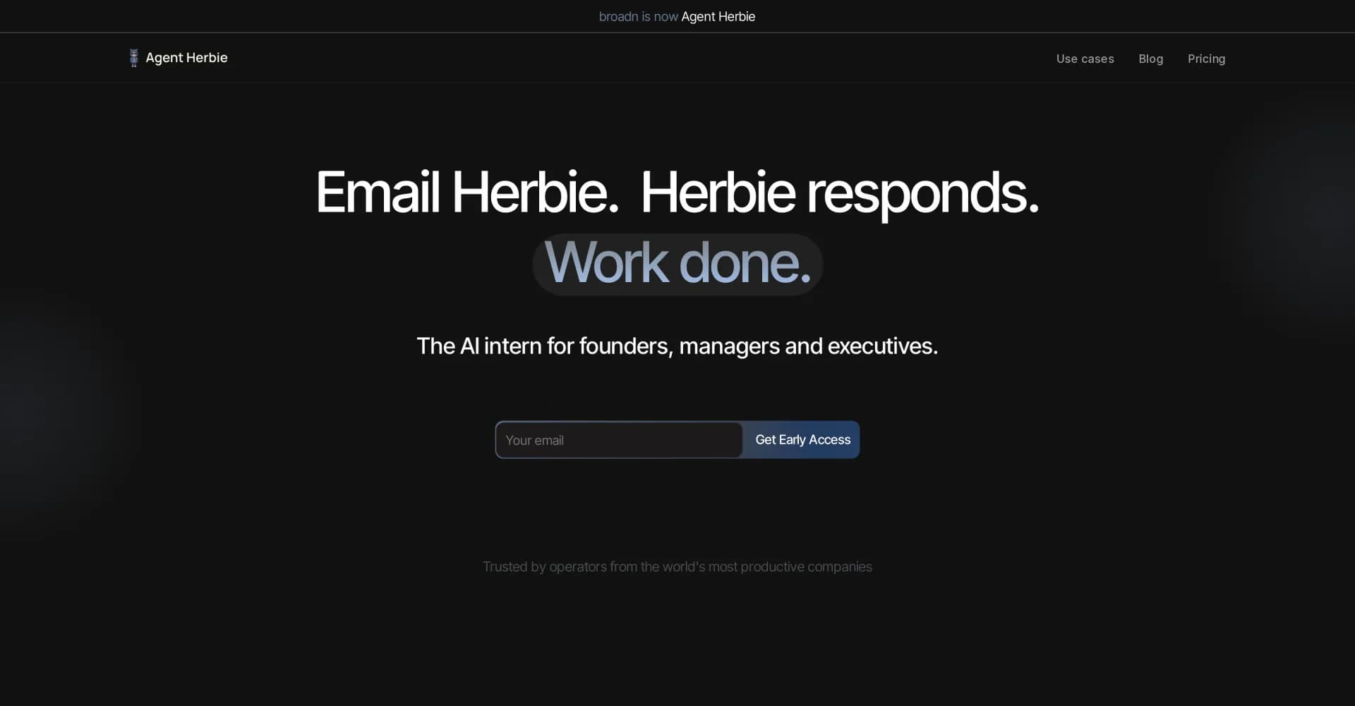 Agent Herbie homepage screenshot — AI intern that gets your work done.