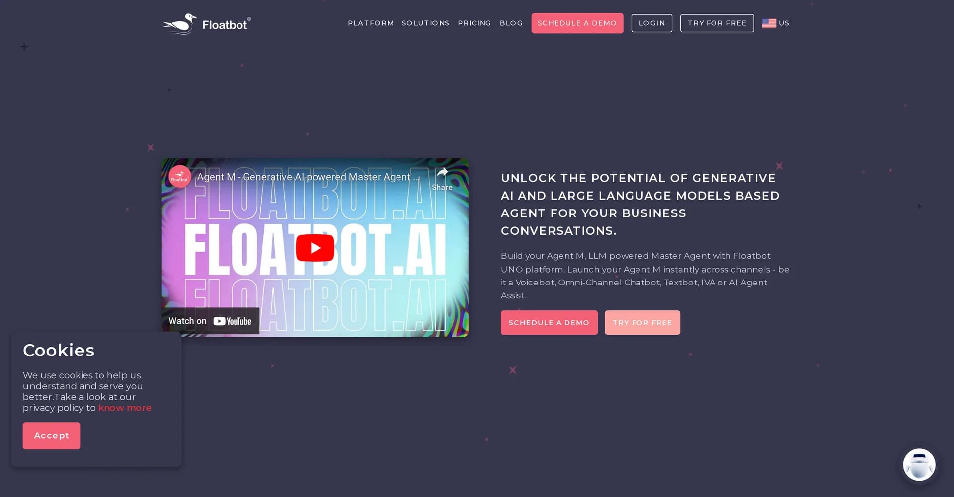 Agent M homepage screenshot — Build and deploy intelligent virtual assistants with LLM age