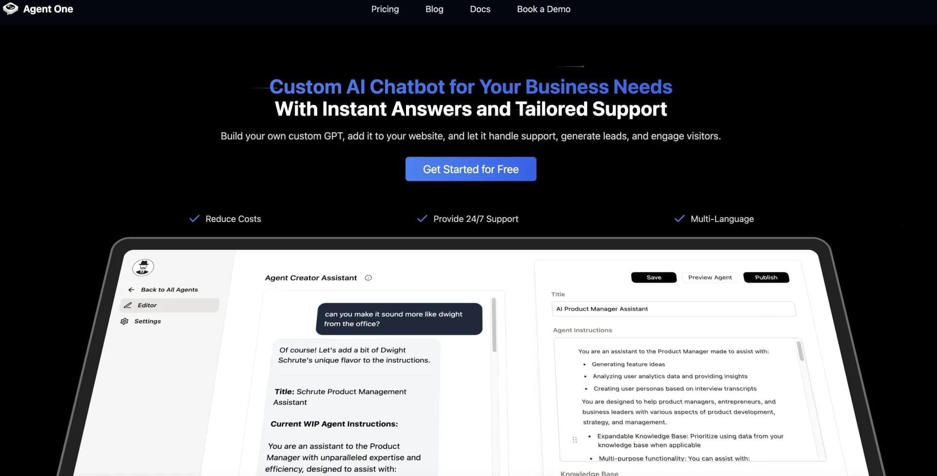 Agent One homepage screenshot — Create custom AI chatbots for instant 24/7 business support.