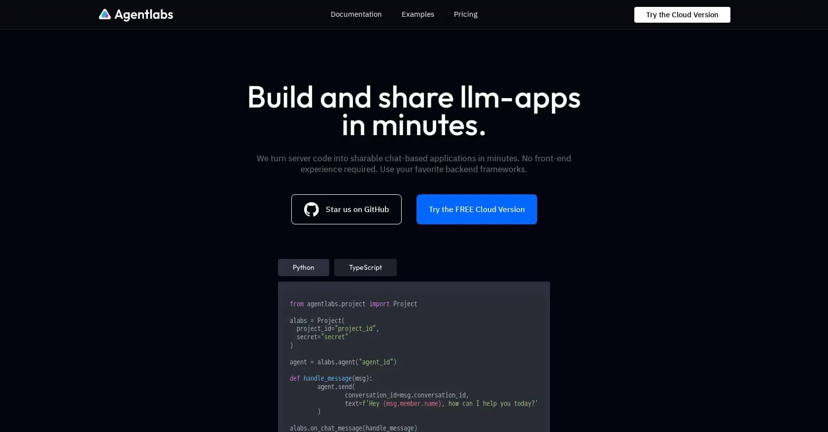 AgentLabs homepage screenshot — Turn server code into chat apps instantly.