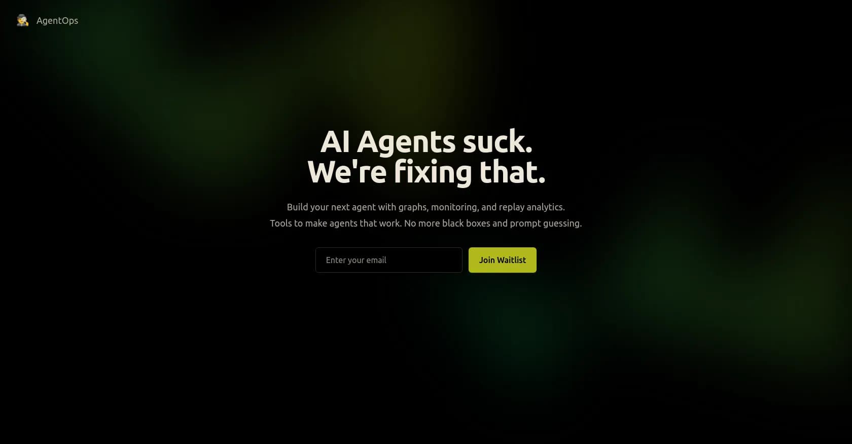 Agentops homepage screenshot — Build AI agents that work, not guesswork.
