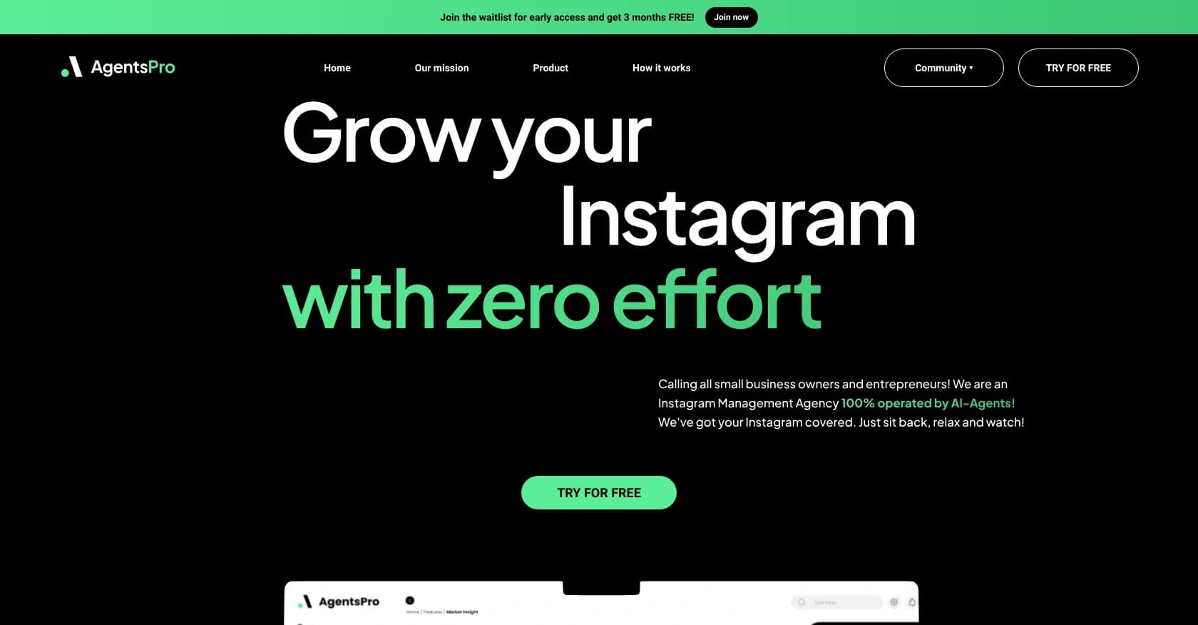 AgentsPro homepage screenshot — Harness the power of AI to craft and schedule your content m